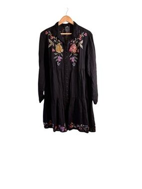 JOHNNY WAS Black Ramie Embroidered Tiered Dress